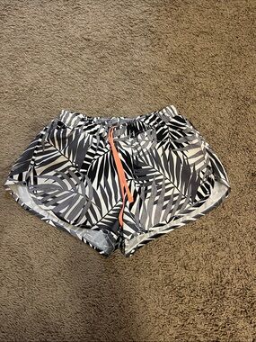 Old Navy Black & White Palm-Print Athletic Shorts with Coral Drawstring
